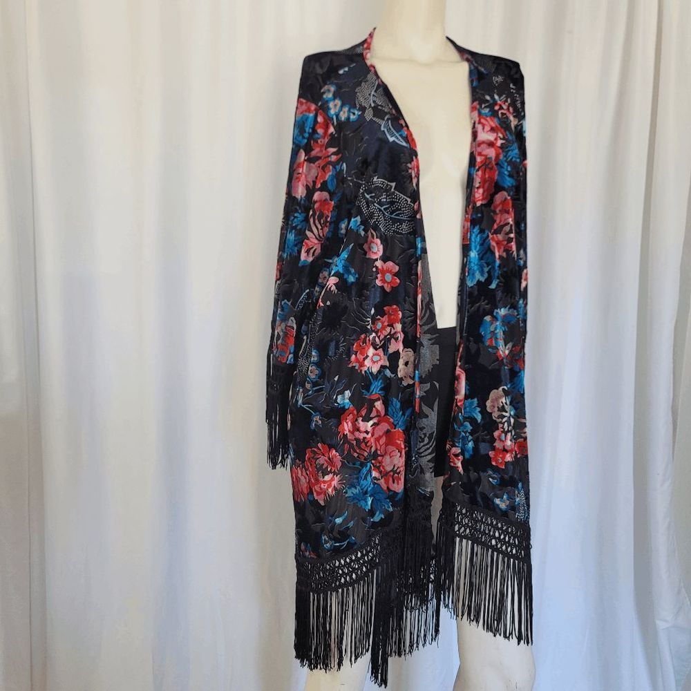 Fringed Floral Kimono Cardigan - Black with Red & Blue Floral